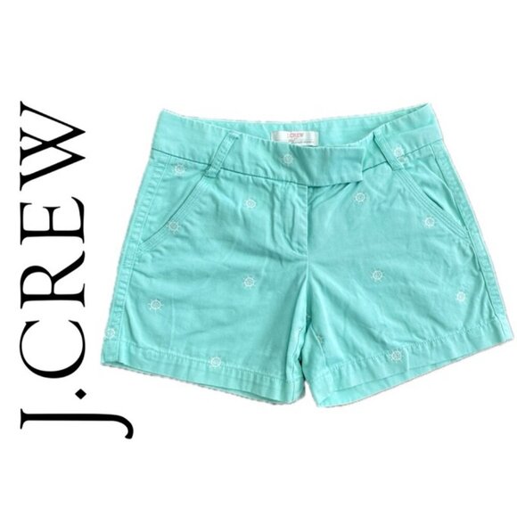 J.CREW CHINO SHORTS MINT GREEN SZ 0 SAILOR CHIC PREPPY NAUTICAL EMBROIDERY WHEEL - Picture 1 of 12